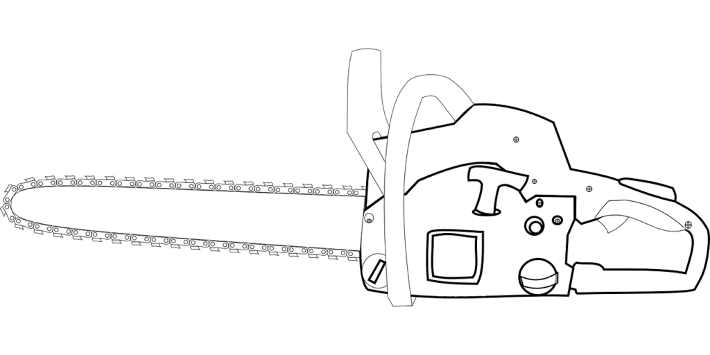 Side view sketch of a chainsaw with a starter cord handle visible