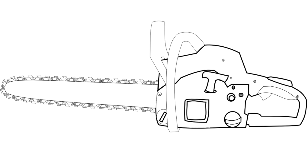 Side view sketch of a chainsaw with a starter cord handle visible