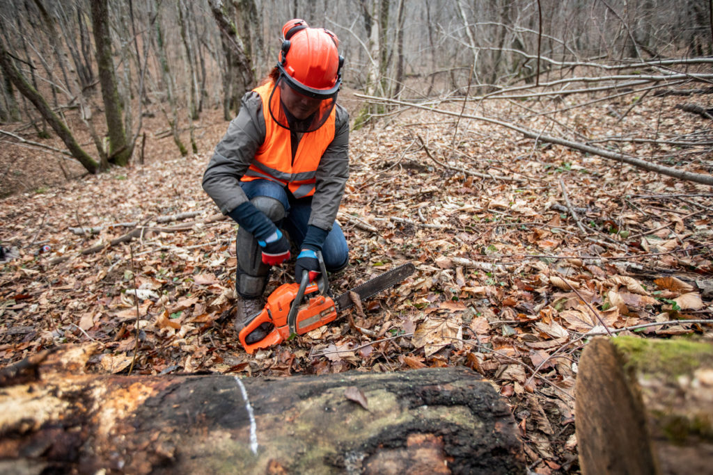 A lumberjack in an orange vest and hardhat tries to start up a chainsaw