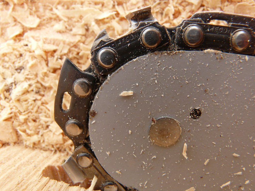 A sharp chain on the end of a chainsaw with wood chips in the background